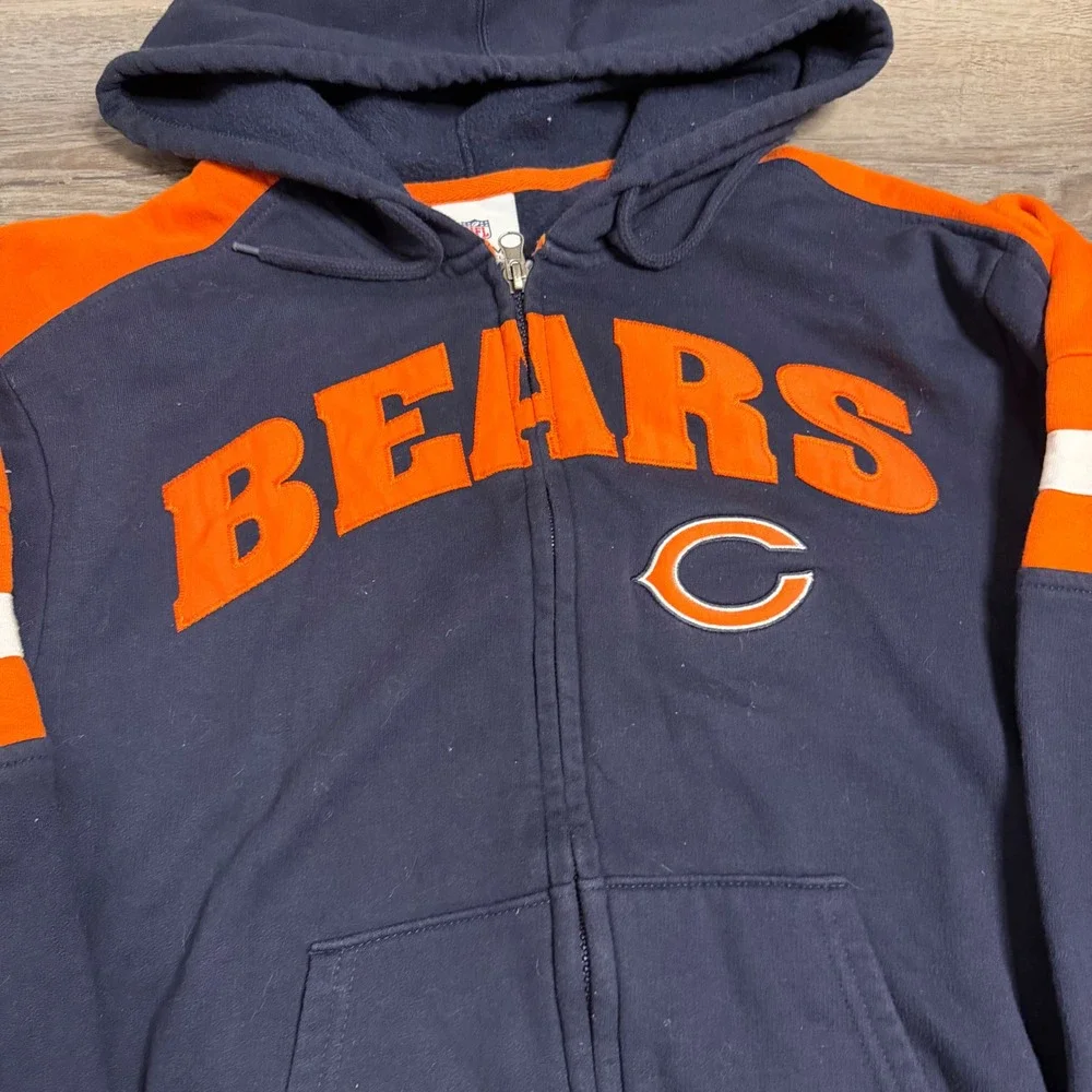 NFL Chicago Bears Full Zip Hoodie Navy Blue‎ Orange Spellout Logo Mens Small